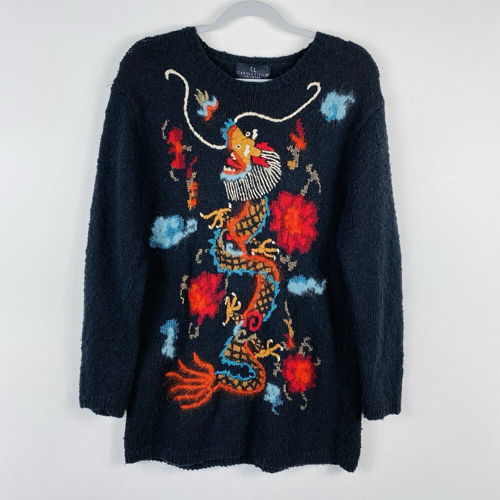 Carole Little Sweater Large Black Vintage Dragon Embroidered Graphic